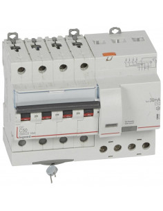 Disjoncteur différentiel monobloc DX³6000 10kA arrivée haute et départ bas à vis 4 Pôles 400V~ 50A type AC 30mA LEGRAND 411191