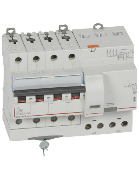 Disjoncteur différentiel monobloc DX³6000 10kA arrivée haute et départ bas à vis 4 Pôles 400V~ 50A type AC 30mA LEGRAND 411191