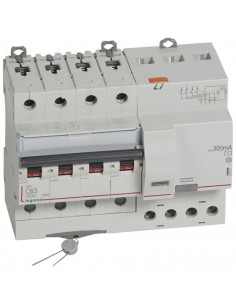 Disjoncteur différentiel monobloc DX³6000 10kA arrivée haute et départ bas à vis 4 Pôles 400V 63A type AC 300mA LEGRAND 411211