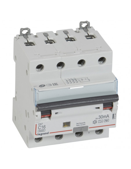 Disjoncteur différentiel monobloc DX³6000 10kA arrivée haute et départ bas à vis 4 Pôles 400V~ 16A type F 30mA LEGRAND 411244