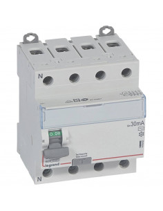 Interrupteur différentiel DX³-ID arrivée haute et départ bas à vis 4 Pôles 400V~ 80A type AC 30mA 4 modules LEGRAND 411663
