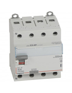 Interrupteur différentiel DX³-ID arrivée haute et départ bas à vis 4 Pôles 400V~ 40A type AC 300mA 4 modules LEGRAND 411665