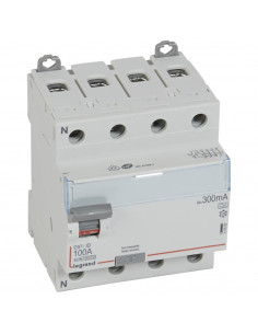Interrupteur différentiel DX³-ID arrivée haute et départ bas à vis 4 Pôles 400V 100A type A 300mA 4 modules LEGRAND 411688