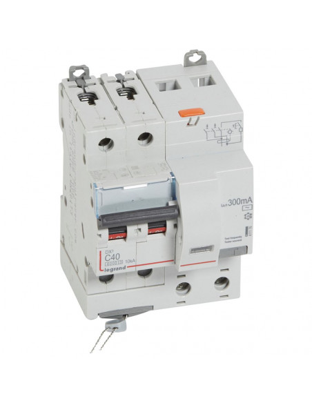Disjoncteur différentiel monobloc DX³6000 10kA arrivée haute départ bas vis 2 Pôles 230V à 400V 40A type AC 300mA LEGRAND 411176
