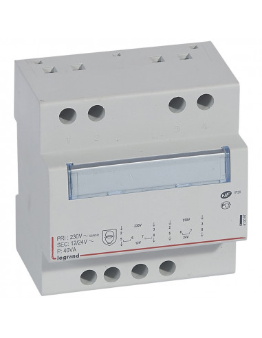 Transformateur de sécurité 230V vers 12V ou 24V 40VA 5 modules LEGRAND 413097
