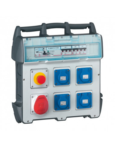 Coffret de chantier P17 IP44 IK09 40A 400V~ avec 4 prises brochage domestique, 1 prise 32A 3P+N+T et protections LEGRAND 058954