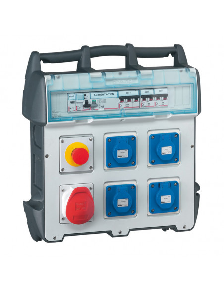 Coffret de chantier P17 IP44 IK09 40A 400V~ avec 4 prises brochage domestique, 1 prise 32A 3P+N+T et protections LEGRAND 058954