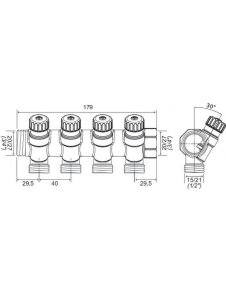 Collecteur de distribution laiton EASYLOCK avec vannes intégrées 4 Sorties 3 4" 4015-04-20R