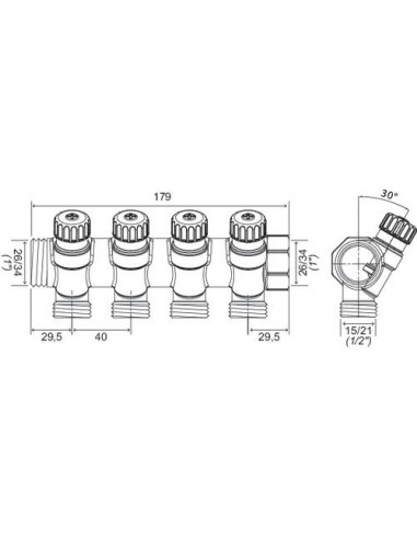 Collecteur de distribution laiton EASYLOCK avec vannes intégrées 4 Sorties 1" 4015-04-26R