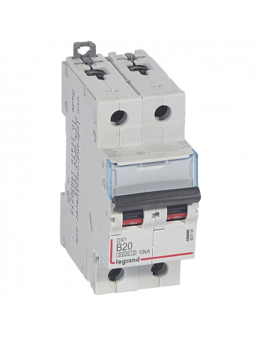 Disjoncteur DX³6000 arrivée haute et départ bas à vis 2 Pôles 230V à 400V 20A courbe B 2 modules LEGRAND 407495/407510