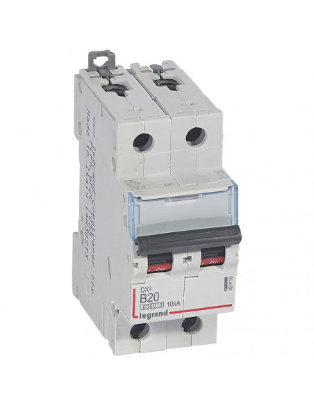 Disjoncteur DX³6000 arrivée haute et départ bas à vis 2 Pôles 230V à 400V 20A courbe B 2 modules LEGRAND 407495/407510