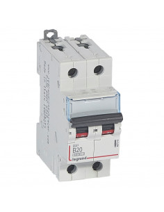 Disjoncteur DX³6000 arrivée haute et départ bas à vis 2 Pôles 230V à 400V 20A courbe B 2 modules LEGRAND 407495/407510