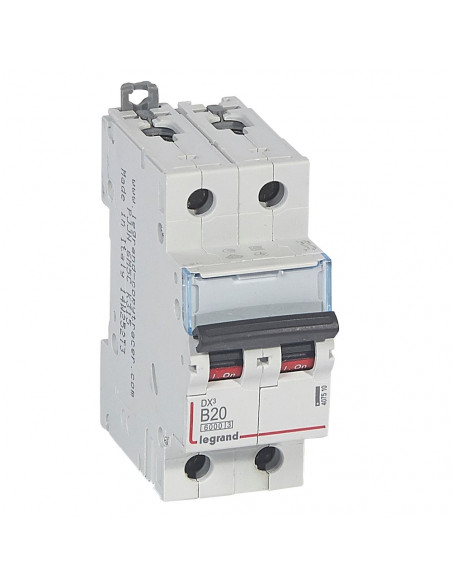 Disjoncteur DX³6000 arrivée haute et départ bas à vis 2 Pôles 230V à 400V 20A courbe B 2 modules LEGRAND 407495/407510