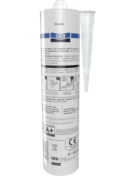 GEBSICONE W2 mastic 100% silicone d'étanchéité cartouche de 310ml blanc GEB 890501