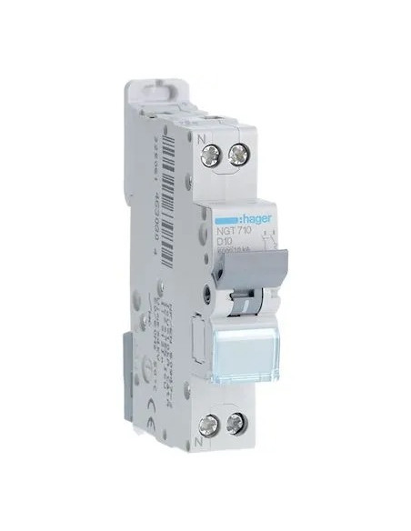 Disjoncteur 1P+N 6-10kA courbe D 10A 1 module HAGER NGT710