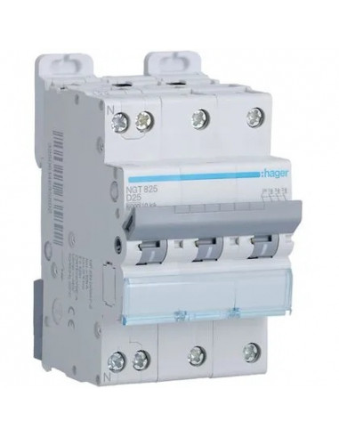 Disjoncteur 3P+N 6-10kA courbe D 25A 3 modules HAGER NGT825
