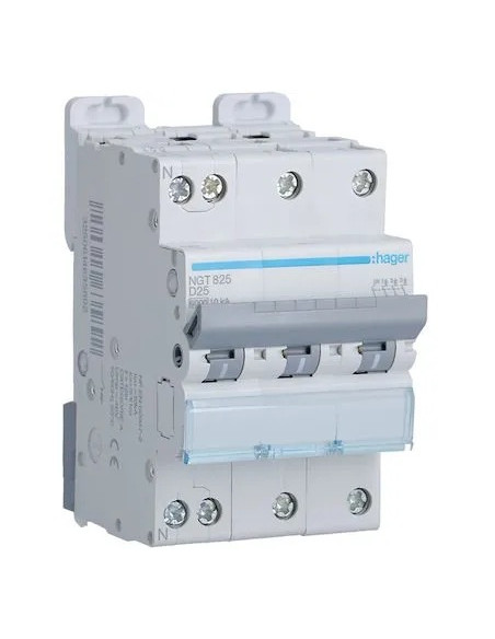 Disjoncteur 3P+N 6-10kA courbe D 25A 3 modules HAGER NGT825