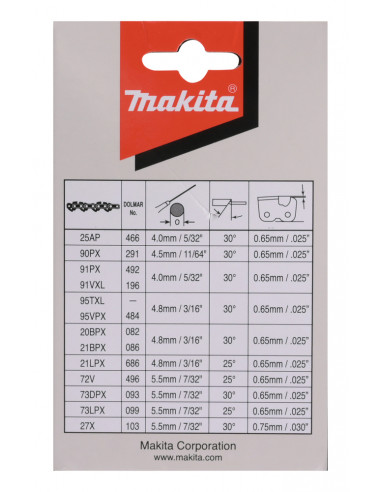 Chaîne Tronçonneuse 30 cm 91PX 3/8’’ 1,3 mm 46 maillons MAKITA 191H10-7