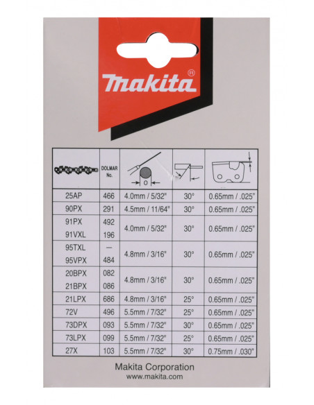 Chaîne Tronçonneuse 30 cm 91PX 3/8’’ 1,3 mm 46 maillons MAKITA 191H10-7