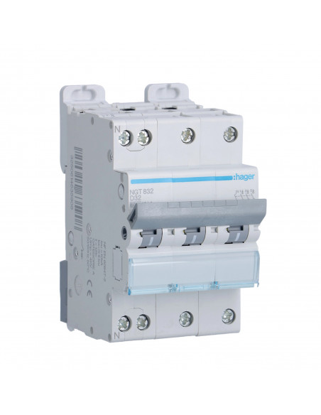 Disjoncteur 3P+N 6-10kA courbe D 32A 3 modules HAGER NGT832