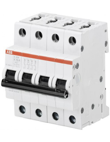 DISJONCTEUR S204 4P 16A COURBE K RACCORDEMENT A VIS - 10KA (4MODULES) ABB 352488 2CDS254001R0467