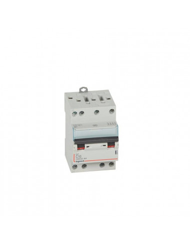 Disjoncteur DX³4500 6kA arrivée haute et sortie basse par borne à vis tétrapolaire 400V~ 10A courbe C 3 modules LEGRAND 406908
