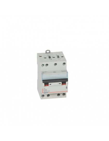 Disjoncteur DX³4500 6kA arrivée haute et sortie basse par borne à vis tétrapolaire 400V~ 10A courbe C 3 modules LEGRAND 406908