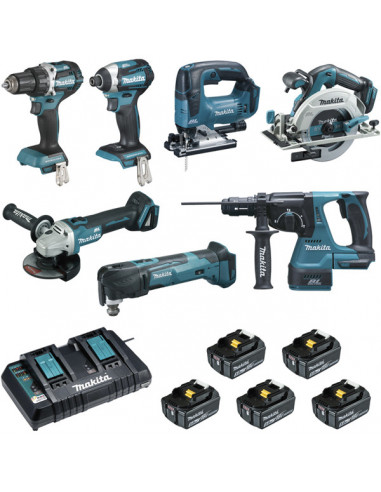 Ensemble de 7 machines 18 V Li-Ion 5 Ah (DDF484 + DHR243 + DTD154 + DTM51 + DGA506 + DHS680 + DJV182) MAKITA DLX7014PTJ