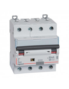Disjoncteur différentiel monobloc DX³6000 10kA arrivée haute et départ bas à vis 4 Pôles 400V 32A type AC 30mA LEGRAND 411189