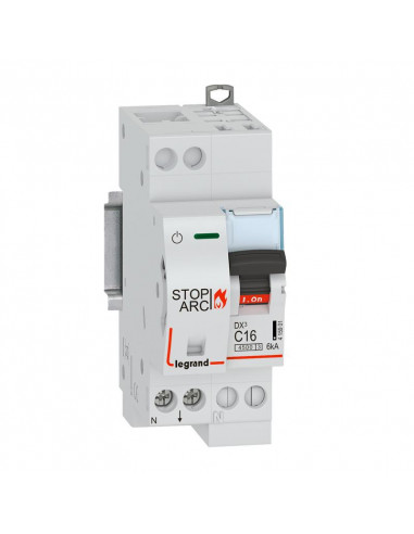 Disjoncteur DX³ STOP ARC 4500 6kA arrivée haute auto sortie basse à vis 1P+N 230V~ 16A courbe C 2 modules LEGRAND 415901