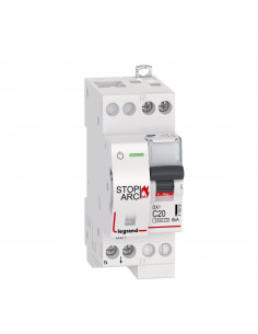 Disjoncteur DX³ STOP ARC 4500 6kA arrivée haute sortie basse à vis 1P+N 230V~ 20A courbe C 2 modules LEGRAND 415908 2