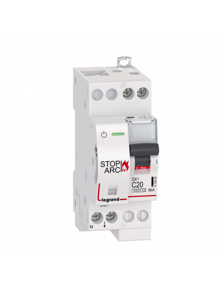 Disjoncteur DX³ STOP ARC 4500 6kA arrivée haute sortie basse à vis 1P+N 230V~ 20A courbe C 2 modules LEGRAND 415908