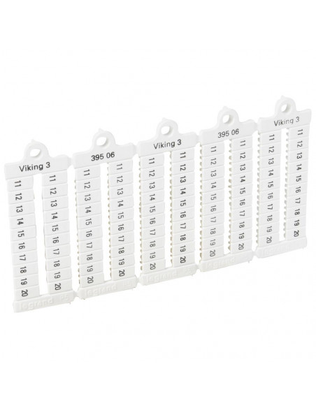 100 repères à lecture horizontale pour bloc de jonction viking 3 pas 5mm avec chiffres 11 à 20 LEGRAND 039506