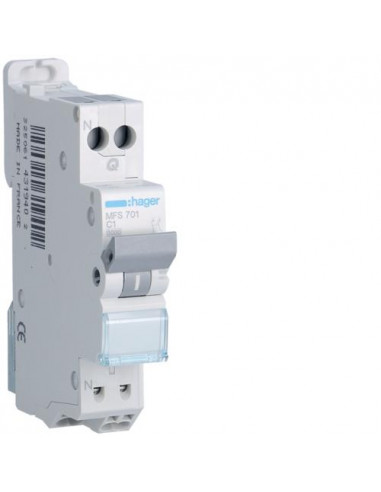 Disjoncteur 1P+N 3kA C-1A connexion SanVis 1Module HAGER MFS701