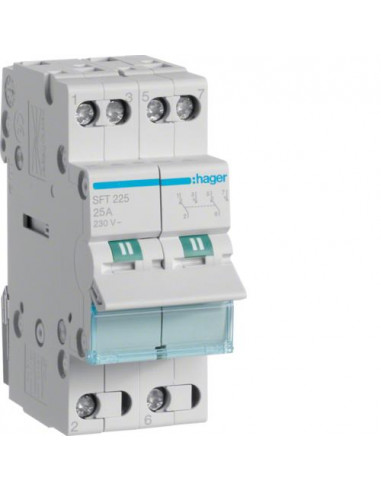 Inverseur modulaire 2 pôles 25A. point commun amont. I-0-II HAGER SFT225