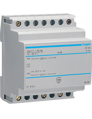 Transformateur sécurité 25VA 230V-12 à 24V HAGER ST312