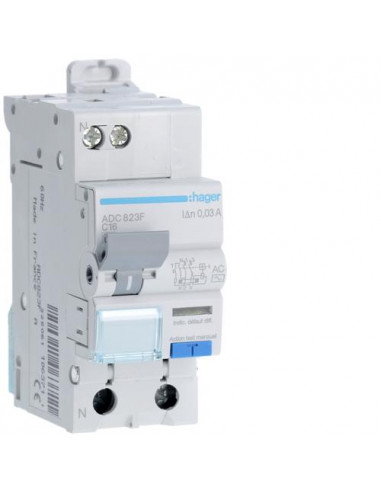 Disjoncteur Différentiel 1P+N 4.5kA C-16A 30mA type AC 60Hz HAGER ADC823F