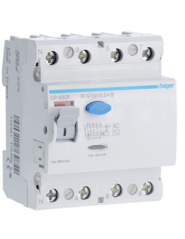 Interrupteur différentiel 4P 80A 300mA type AC S HAGER CP480F