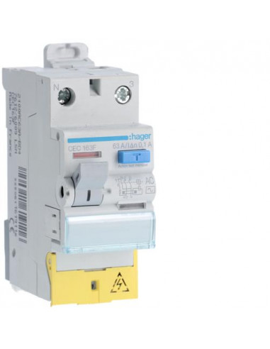 Interrupteur différentiel 1P+N 63A 100mA type AC à bornes décalées HAGER CEC163F