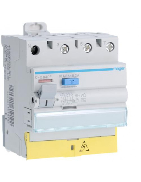 Interrupteur différentiel 3P+N 40A 300mA type AC à bornes décalées HAGER CFC840F