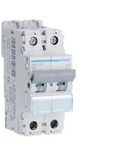 Disjoncteur 2 Pôles 6-10kA courbe B 63A 2 modules HAGER NEN263