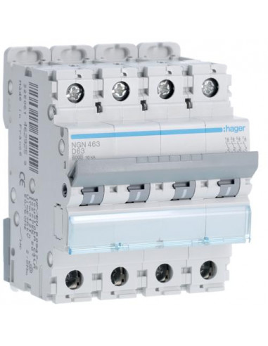 Disjoncteur 4 Pôles 10kA courbe D 63A 4modules HAGER NGN463