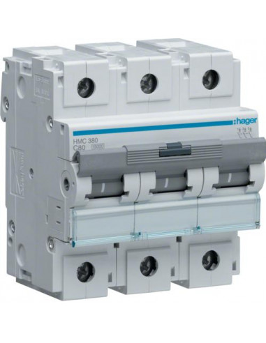 Disjoncteur 3P 15kA courbe C - 80A 4.5 modules HAGER HMC380