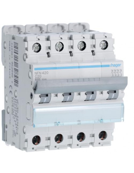 Disjoncteur 4 Pôles 10kA courbe C 20A 4 modules HAGER NFN420