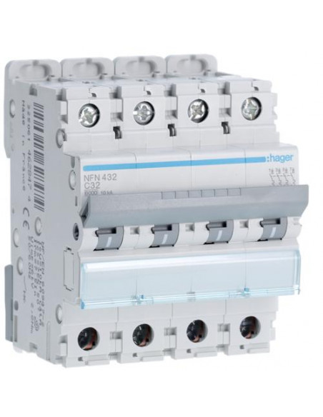 Disjoncteur 4 Pôles 10kA courbe C 32A 4 modules HAGER NFN432