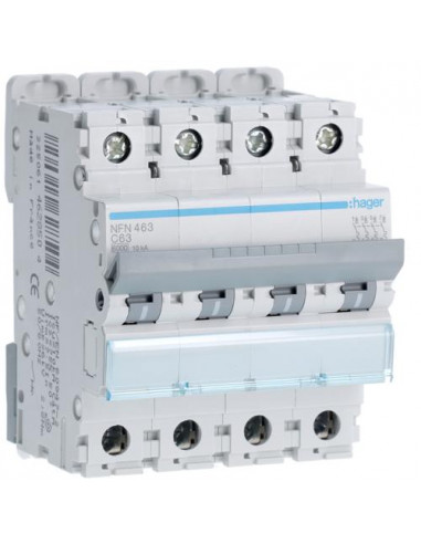 Disjoncteur Tetrapolaire 4 pôles 6-10kA courbe C 63A 4 modules HAGER NFN463
