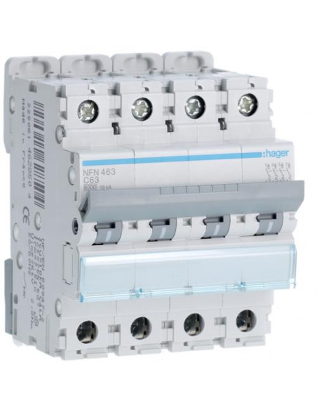 Disjoncteur Tetrapolaire 4 pôles 6-10kA courbe C 63A 4 modules HAGER NFN463