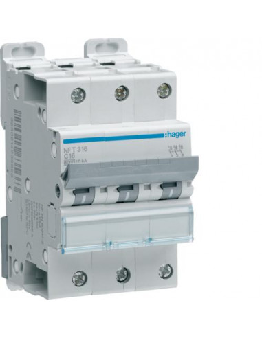 Disjoncteur 3 Pôles 6-10kA courbe C 16A 3 modules HAGER NFT316