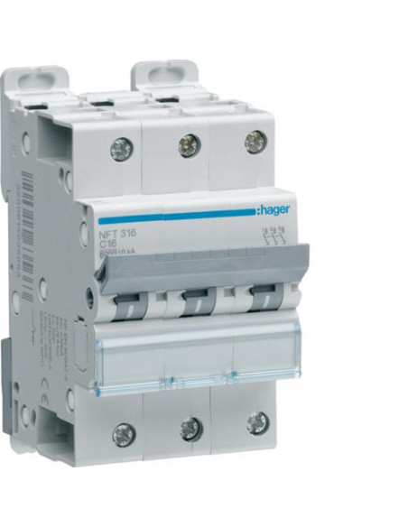 Disjoncteur 3 Pôles 6-10kA courbe C 16A 3 modules HAGER NFT316