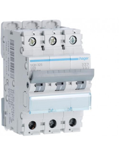 Disjoncteur 3P 6-10kA courbe D - 25A 3 modules HAGER NGN325